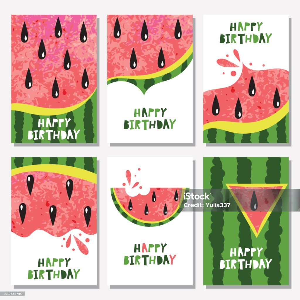 Set of birthday backgrounds with watermelon Set of 6 cute creative cards templates with watermelon. Vector illustration. Hand Drawn card for birthday. Watermelon stock vector