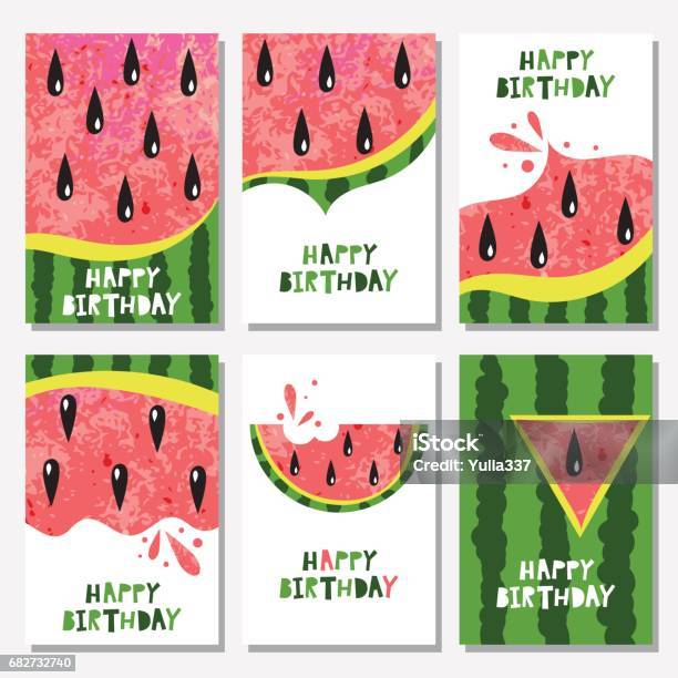 Set Of Birthday Backgrounds With Watermelon Stock Illustration - Download Image Now - Watermelon, Backgrounds, Birthday