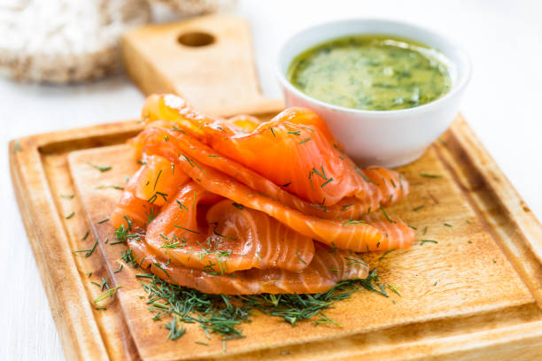 Gravadlax, Scandinavian-style smoked salmon Gravadlax, Scandinavian-style smoked salmon with dill,  and serve with a mustard sauce chopped dill stock pictures, royalty-free photos & images