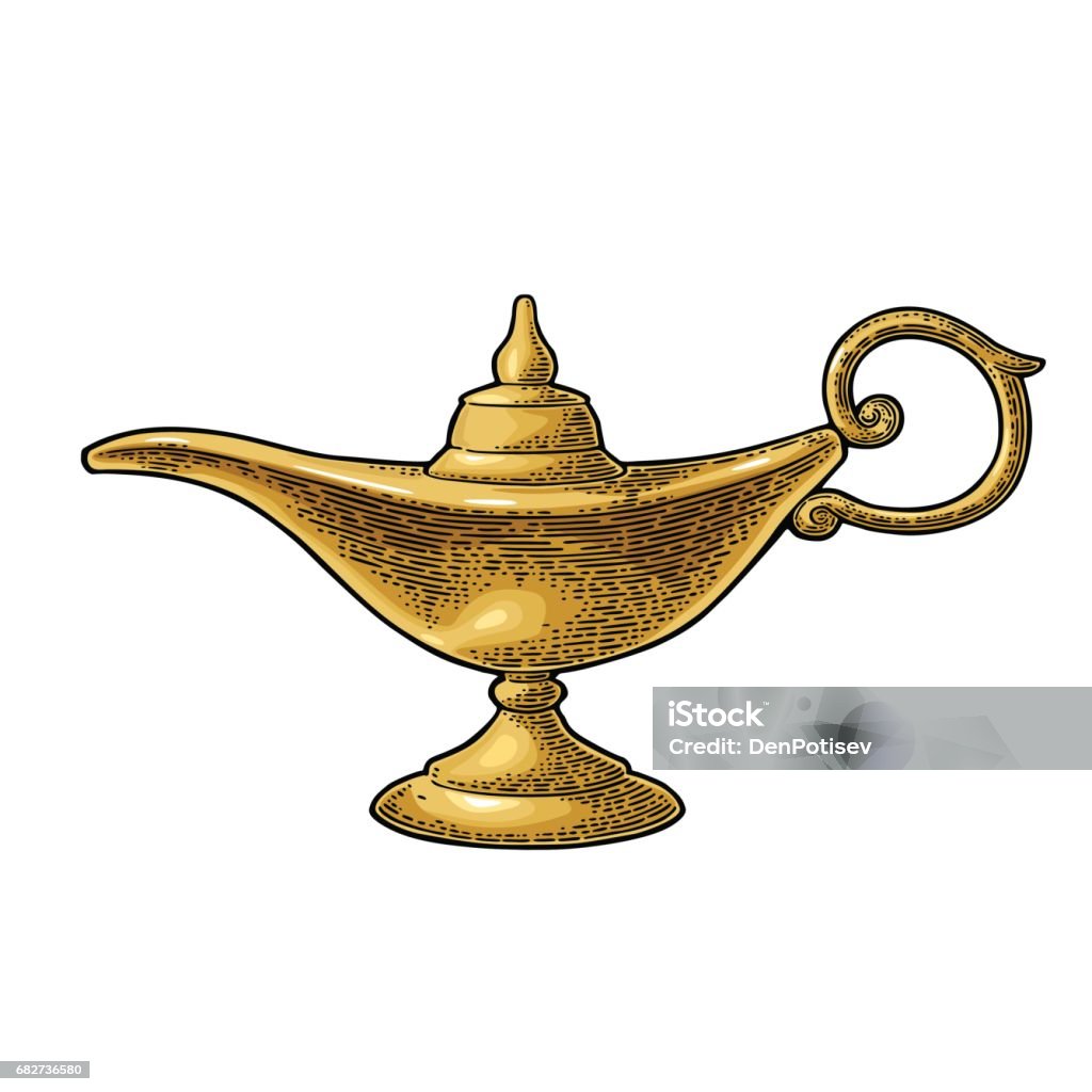 Aladdin magic metal lamp. Vector black vintage engraving Aladdin magic metal lamp. Vector color vintage engraving illustration isolated on a white background. Bottle stock vector