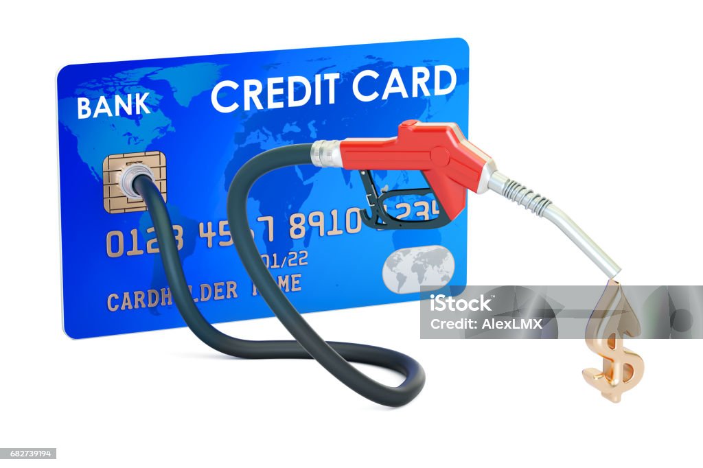 Credit card with fuel pump nozzle, 3D rendering Credit Card Stock Photo