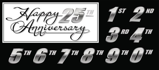 Set of handwritten calligraphy lettering "Happy Anniversary" with silver numbers Set of handwritten calligraphy lettering Happy Anniversary with silver numbers silver chrome number 8 stock illustrations