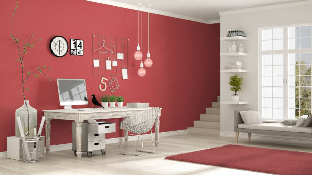 istock Home workplace, scandinavian white and red room, corner office, classic minimalist interior design 682759820