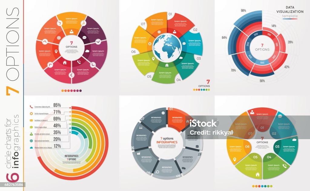 Collection of 6 vector circle chart templates 7 options. Collection of 6 vector circle chart templates for infographics with 7 options. Number 7 stock vector