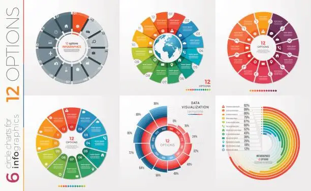 Vector illustration of Collection of 6 vector circle chart templates 12 options.