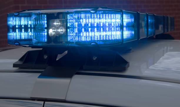 istock Closeup of illuminated blue emergency light 682766378