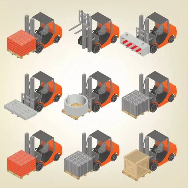 Vector illustration of Icon forklift with cargo isometric, vector illustration.