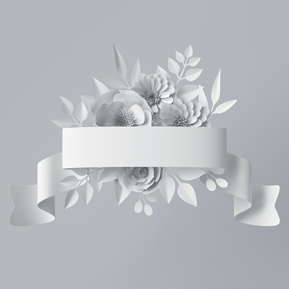 3d render, abstract blank ribbon banner, paper flowers, festive floral background, blank wedding card template, white label