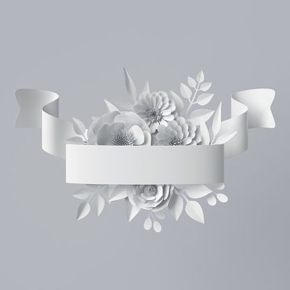 3d render, abstract blank ribbon banner, paper flowers, festive floral background, blank wedding card template, white label