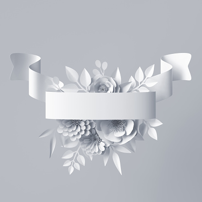 3d render, abstract festive ribbon tag, paper flowers, white label, floral background, blank card template
