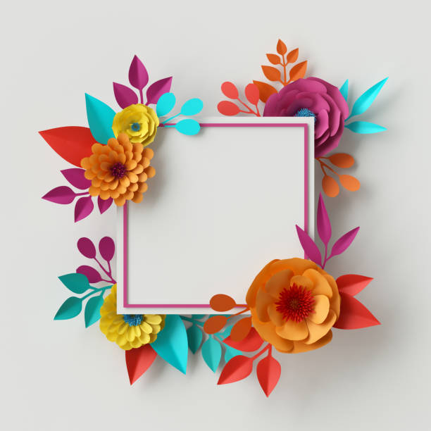 istock 3d render, digital illustration, abstract frame, colorful paper flowers, quilling craft, handmade festive decoration, vivid floral background, mint pink yellow, rectangular card template 682769894