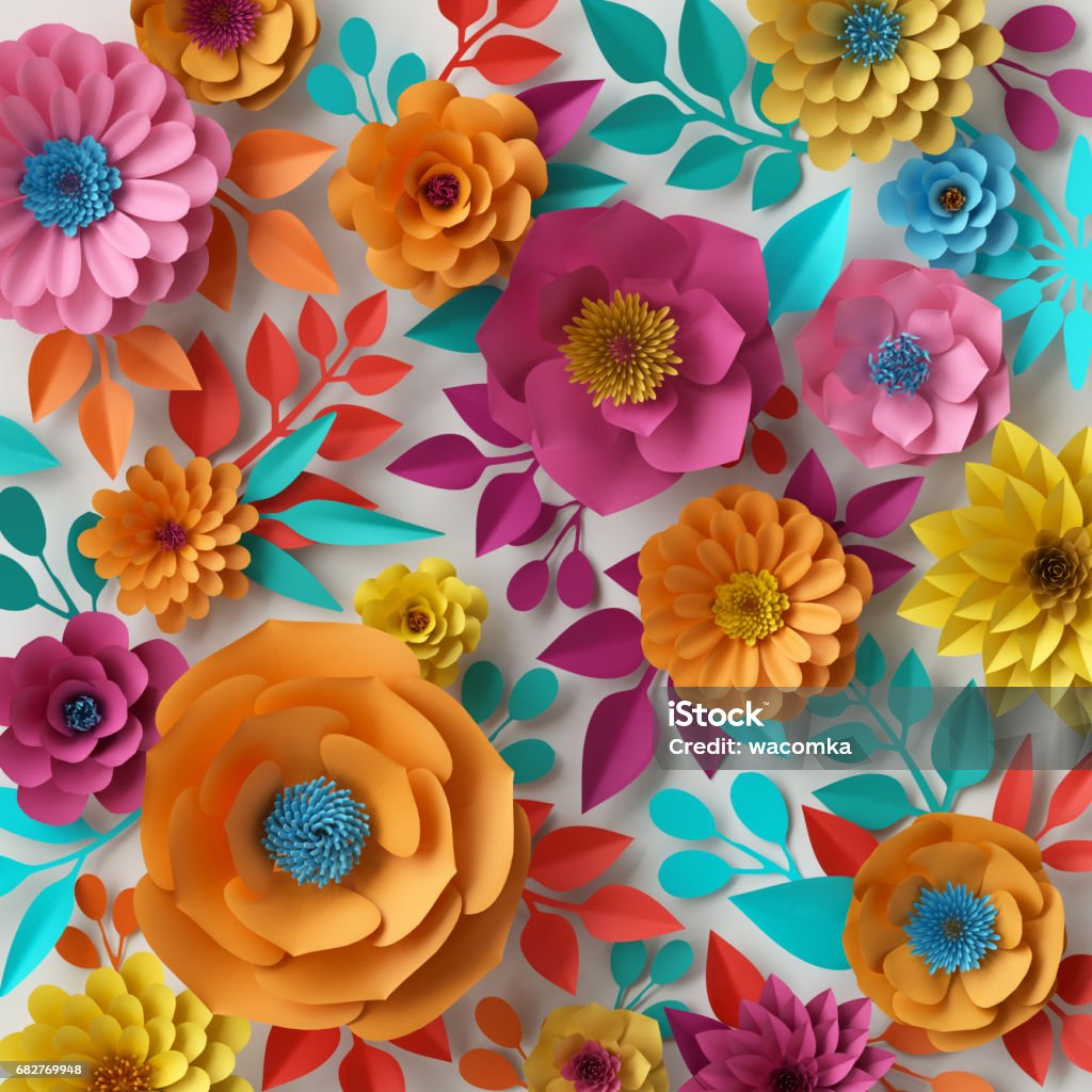 render 3D, Ilustración digital, papel pintado de flores de papel de colores, Fondo de primavera verano, bouquet floral aislado en blanco, vibrantes colores, naranja menta rosa amarillo - Foto de stock de Primavera - Estación libre de derechos