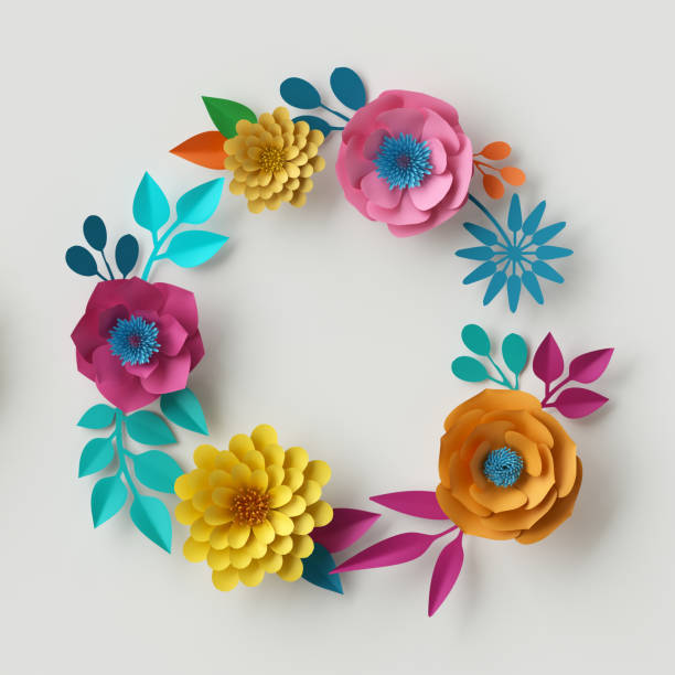 istock 3d render, digital illustration, abstract frame, colorful paper flowers, round wreath, quilling craft, handmade festive decoration, vivid floral background, mint pink yellow, Boho card template 682769972