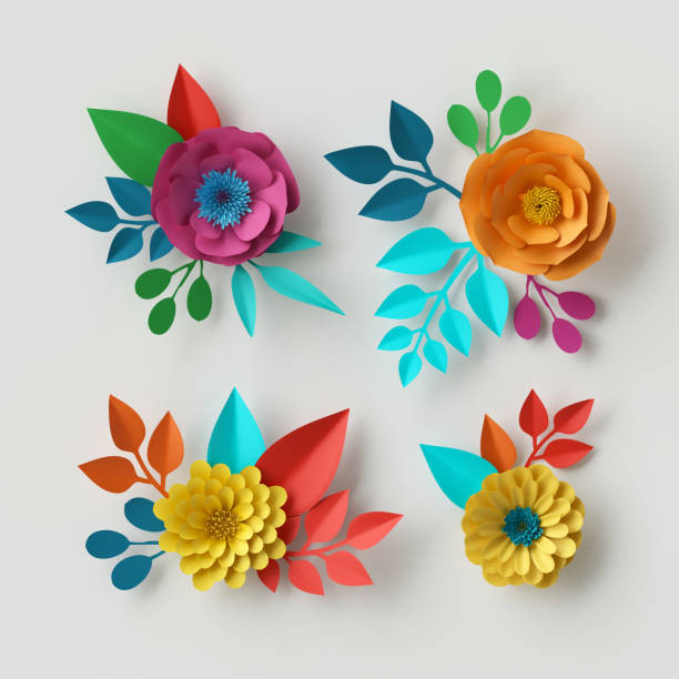 3d render, digital illustration, vivid paper flowers, decorative floral design elements, clip art set, festive decor, isolated on white background