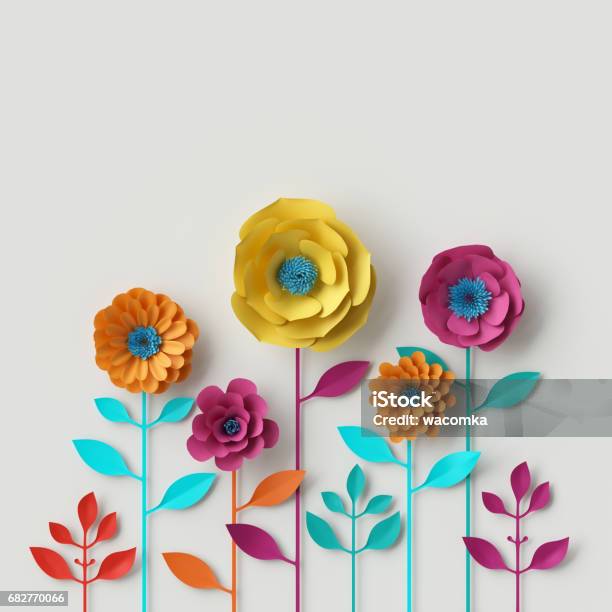 3d Render Digitale Illustration Abstrakte Bunte Papierblumen Quilling Handwerk Handgemachte Festliche Dekoration Lebendige Blumenkarte Minze Rosa Gelb Stockfoto und mehr Bilder von Handgemacht