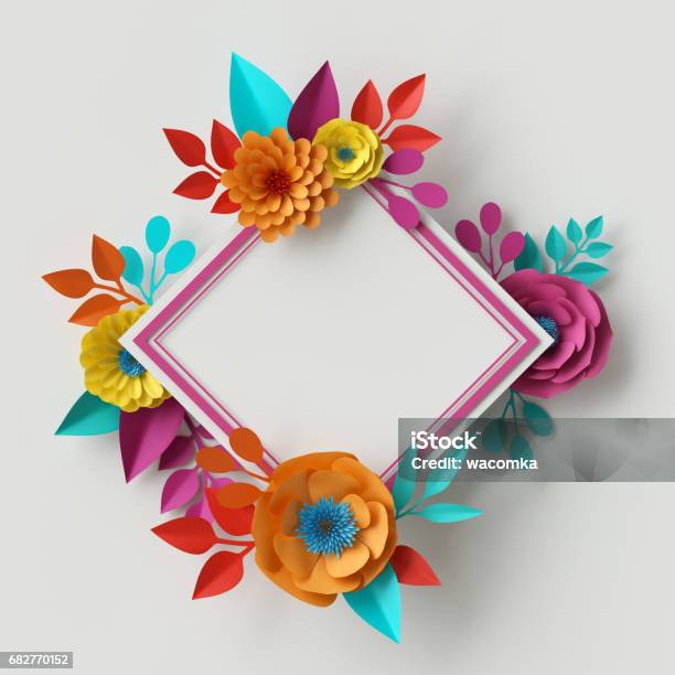 3d Render Digitale Illustration Lebendige Papierblumen Rechteck Blumenrahmen Urlaub Kartenvorlage Festliche Kranz Isoliert Auf Weißem Hintergrund Stockfoto und mehr Bilder von Geburtstag