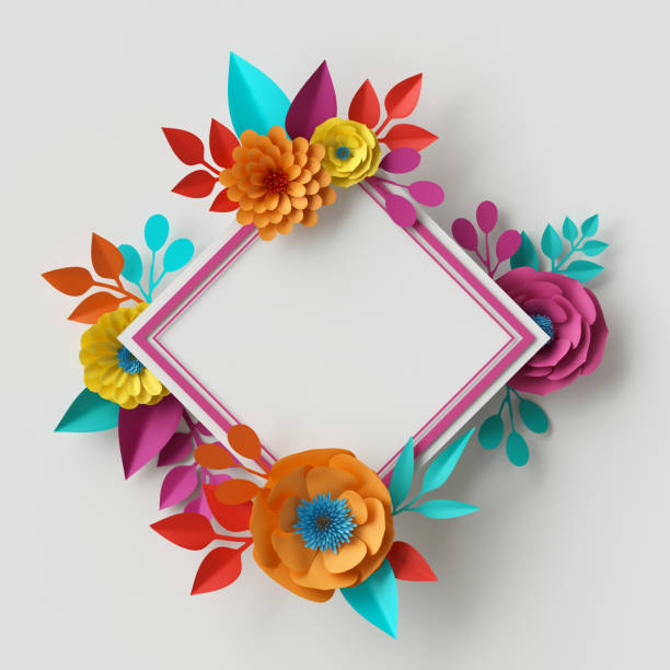 istock 3d render, digital illustration, vivid paper flowers, rectangle floral frame, holiday card template, festive wreath, isolated on white background 682770152