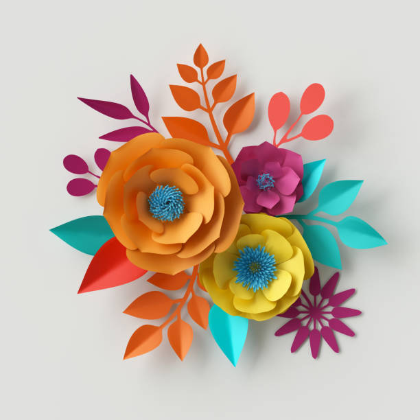 3d 渲染, 數碼插畫, 彩色紙花壁紙, 春夏背景, 花花束, 白色, 鮮豔的顏色, 薄荷粉紅色橙黃色 - 手工藝 插圖 個照片及圖片檔