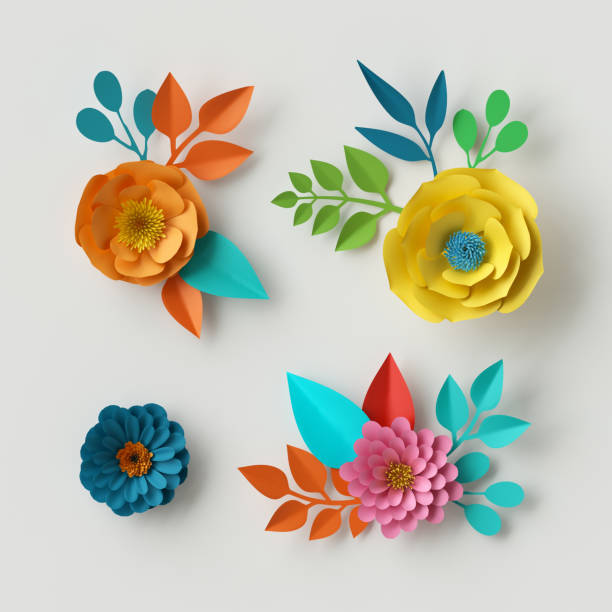 istock 3d render, digital illustration, vivid paper flowers, decorative floral design elements, clip art set, festive decor, isolated on white background 682770246