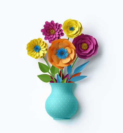 3d render, digital illustration, cute vase with colorful paper flowers bouquet inside, isolated on white background, greeting card, handmade decor, craft, decorative floral composition