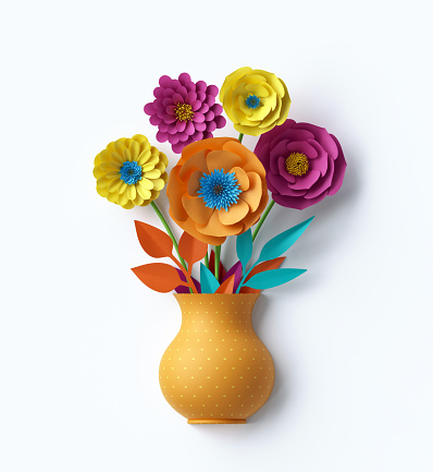 3d render, digital illustration, vase with paper flowers inside, isolated on white background, greeting card, handmade craft, decorative floral composition