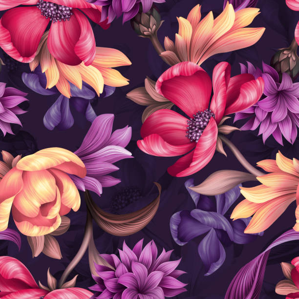 완벽 한 꽃 패턴, 야생 붉은 보라색 꽃, 식물 그림, 화려한 배경, 섬유 디자인 - peach dark peaches backgrounds stock illustrations