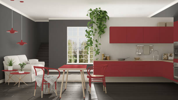 istock Scandinavian red minimalist living with kitchen, open space, one room apartment, modern interior design 682773462
