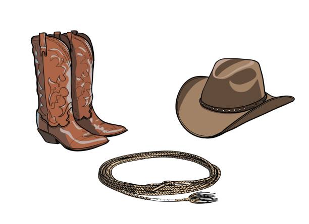Cowboy horse equine riding tack tool. Western boot, hat, lasso rope. Hand drawing cartoon vector illustration. buckle cartoon stock illustrations