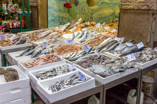 istock Sea fish on market stalls 682779402