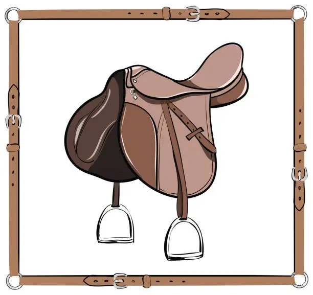 Vector illustration of English brown saddle in leather belt frame. Equestrian leather harness with stirrup.