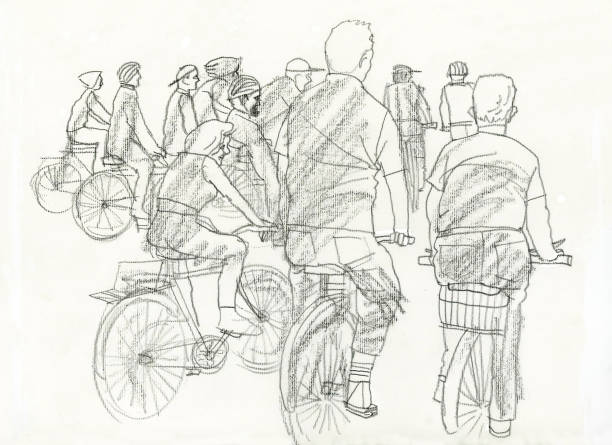 People in bikes hand drawn illustration of group of people riding bikes andar en bicicleta stock illustrations