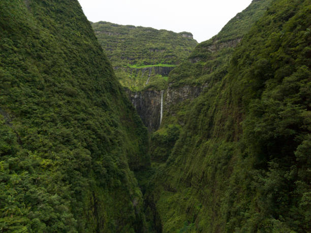 The mountain valley of Reunion Island The unbelievable and unique expanses of the island of Reunion can be seen from a bird's eye view. Beautiful tropical forests, plains and hills, as well as the famous mountain ranges, volcanoes and the embankment of the Indian Ocean. cirque de soleil stock pictures, royalty-free photos & images