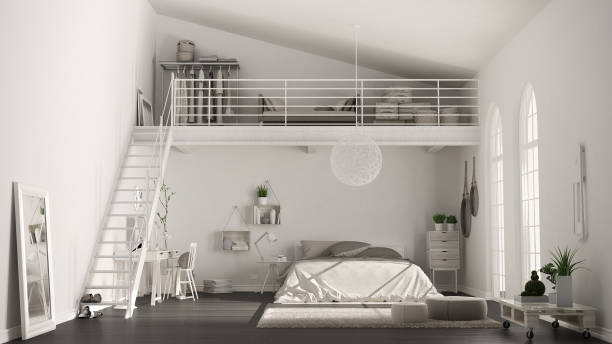 istock Scandinavian white minimalist loft bedroom with home office, classic interior design 682789184
