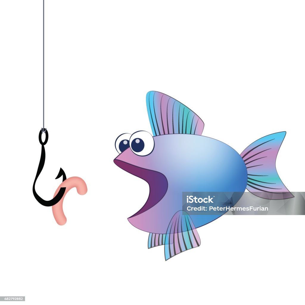 Fish hook with angling worm and a hungry fish - isolated vector comic illustration on white background. Animal stock vector