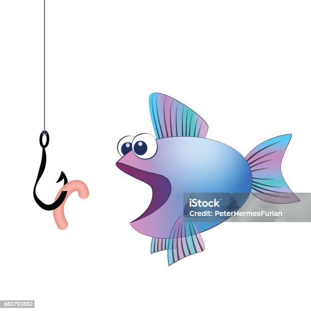 Fish Hook With Angling Worm And A Hungry Fish Isolated Vector Comic Illustration On White Background Stock Illustration - Download Image Now