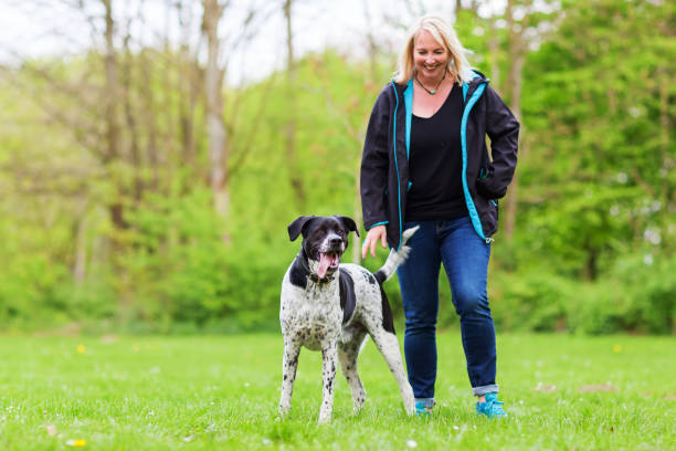 istock woman plays with her dog on the meadow 682800502