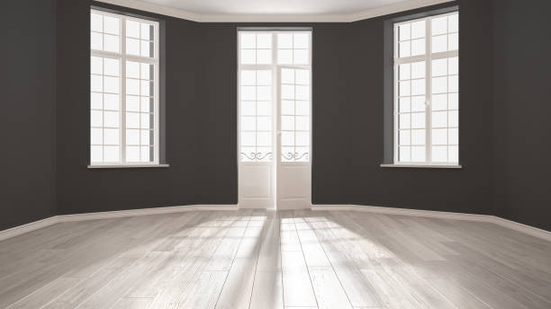 istock Empty room with big windows ad parquet floor, minimalist classic interior design 682801074