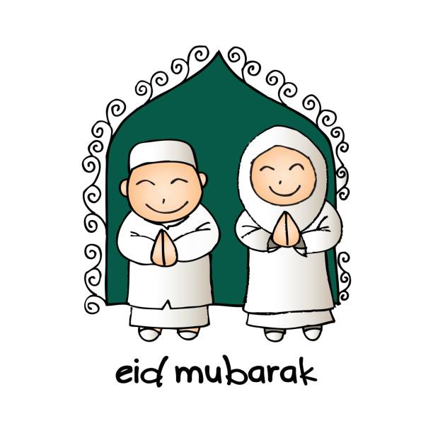 Eid mubarak greeting card Eid mubarak greeting card with cute cartoon muslim. allah the god islam cartoons stock illustrations
