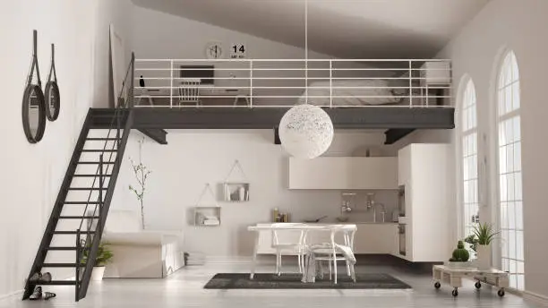 Scandinavian minimalist loft, one-room apartment with white kitchen, living and bedroom, classic interior design