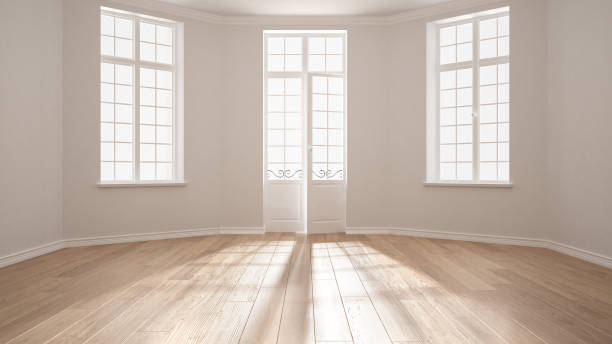 istock Empty room with big windows ad parquet floor, minimalist classic interior design 682813250