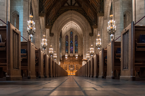 Chicago, United States: May 26th, 2016. Low angle of aisle at Fourth Presbyterian in downtown Chicago