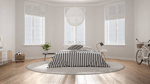istock Minimalist nordic white bedroom, classic modern interior design 682825062