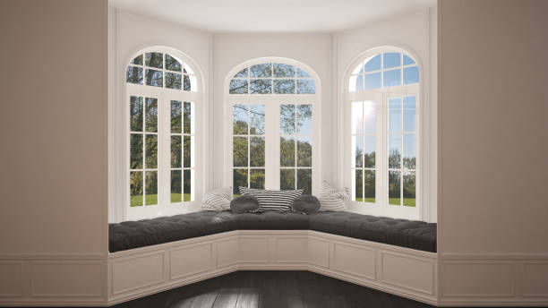 istock Big window with garden meadow panorama, minimalist empty space, background classic interior design 682828952