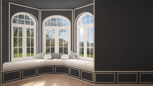 istock Big window with garden meadow panorama, minimalist empty space, background classic interior design 682829078