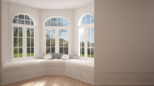 istock Big window with garden meadow panorama, minimalist empty space, background classic interior design 682829196
