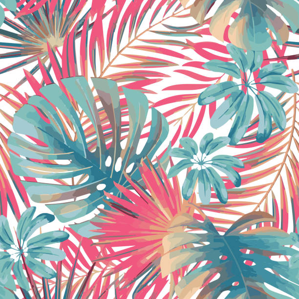 istock Summer exotic floral tropical palm, monstera leaves in pink and blue colors. Vector seamless pattern. Plant nature wallpaper 682833062