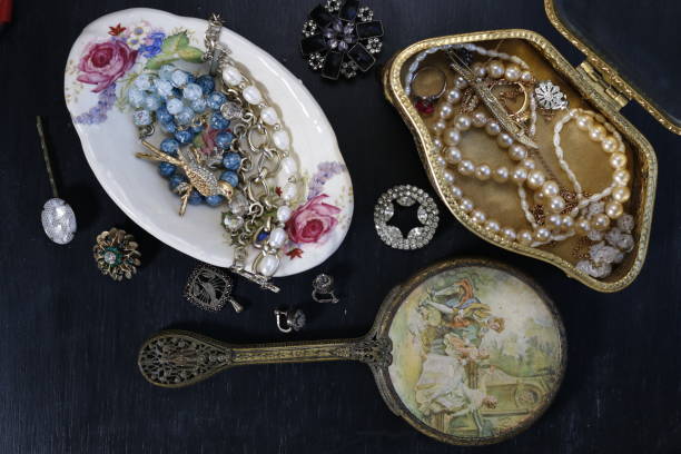 Vintage jewelry on black background