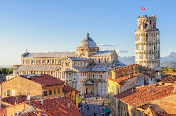 Cathedral (Duomo) and the Leaning Tower photographed from above the roofs, from the Grand Hotel Duomo - Pisa, Tuscany, Italy