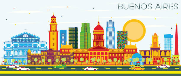 буэнос-айрес скайлайн с цветными ориентирами и голубым небом. - taxi buenos aires people city stock illustrations