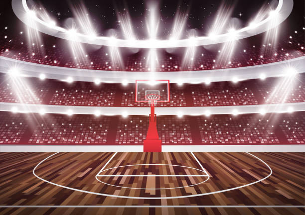 Basketball Court with Hoop and Spotlights. Basketball Court with Hoop and Spotlights. Vector Illustration. basketball crowd stock illustrations